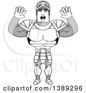 Clipart Of A Black And White Lineart Scared Buff Male Knight Royalty Free Vector Illustration