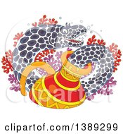 Cartoon Moray Eel Emerging From A Sunken Vase Over Corals