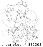 Poster, Art Print Of Cartoon Black And White Lineart Girl Sitting With A Stuffed Bunny Rabbit In Spring Flowers