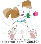 Poster, Art Print Of Cartoon Cute Puppy Dog Sitting With A Rose In His Mouth