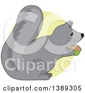 Poster, Art Print Of Cartoon Happy Gray Squirrel Holding An Acorn Over A Green Circle