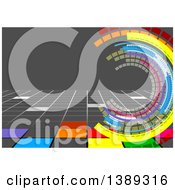 Clipart Of A Background Of Colorful Tiles And Circles With Text Space On Gray Royalty Free Vector Illustration