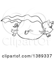 Cartoon Black And White Lineart Pig Super Hero Flying With A Cape