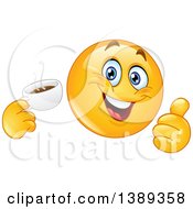 Poster, Art Print Of Cartoon Yellow Smiley Face Emoji Emoticon Holding A Cup Of Coffee And Giving A Thumb Up