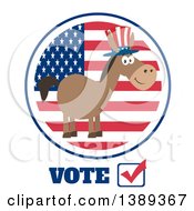 Poster, Art Print Of Flat Design Political Democratic Donkey Wearing A Patriotic Top Hat Over An American Flag Label And Vote Text