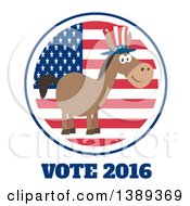 Clipart Of A Flat Design Political Democratic Donkey Wearing A Patriotic Top Hat Over An American Flag Label And Vote 2016 Text Royalty Free Vector Illustration