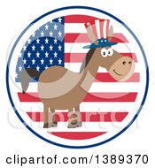 Poster, Art Print Of Flat Design Political Democratic Donkey Wearing A Patriotic Top Hat Over An American Flag Label
