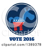 Poster, Art Print Of Round Dark Blue Label Of A Political Democratic Donkey In Red White And Blue With Vote 2016 Text And Stars