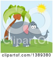Poster, Art Print Of Flat Design Happy Elephant And Palm Tree On A Sunny Day