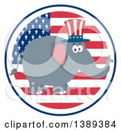 Poster, Art Print Of Flat Design Political Republican Elephant Wearing An American Top Hat Over A Usa Flag Label Circle