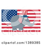 Poster, Art Print Of Flat Design Political Republican Elephant Wearing A Top Hat Over An American Flag