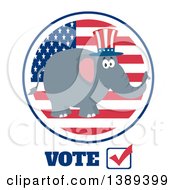 Poster, Art Print Of Flat Design Political Republican Elephant Wearing An American Top Hat Over A Usa Flag Label Circle And Vote Text