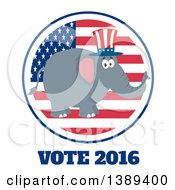 Poster, Art Print Of Flat Design Political Republican Elephant Wearing An American Top Hat Over A Usa Flag Label Circle And Vote 2016