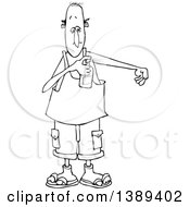 Clipart Of A Cartoon Black And White Lineart Man Putting On Bug Spray Royalty Free Vector Illustration