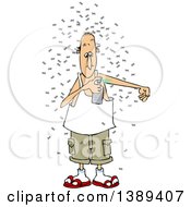 Cartoon White Man Surrounded By Insects Putting On Bug Repellant Spray