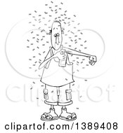 Cartoon Black And White Lineart Man Putting On Bug Repellant Spray