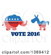Poster, Art Print Of Red White And Blue Democratic Donkey Facing A Republican Elephant Over Vote 2016 Text