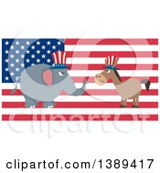 Poster, Art Print Of Flag Design Political Democratic Donkey And Republican Elephant Facing Each Other Over An American Flag