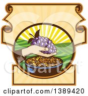 Clipart Of A Retro Woodcut Hand Holding A Bunch Of Purple Grapes Over A Bowl Of Raisins In A Scroll Crest With A Sunrise Or Sunset Royalty Free Vector Illustration