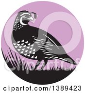 Poster, Art Print Of Retro Black And White Quail Bird And Grass In A Purple Circle