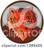 Clipart Of A Retro Woodcut Eurasian Brown Bear Growling In A Brown And Gray Circle Royalty Free Vector Illustration