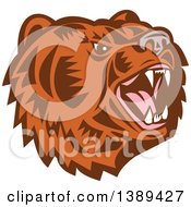 Retro Woodcut Roaring California Grizzly Bear Head