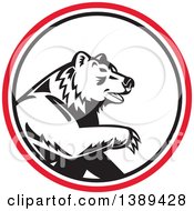 Retro California Grizzly Bear In A Black White And Red Circle