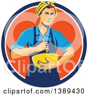 Clipart Of A Retro White Female Chef Or Baker Holding A Mixing Bowl In A Blue White And Orange Circle Royalty Free Vector Illustration