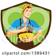 Poster, Art Print Of Retro White Female Chef Or Baker Holding A Mixing Bowl In A Brown And Green Shield