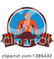 Clipart Of A Retro Male Bodybuilder Holding A Heavy Barbell In A Brown White And Blue Circle Royalty Free Vector Illustration