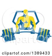 Poster, Art Print Of Retro Male Bodybuilder Holding A Heavy Barbell And Emerging From A Blue And Yellow Shield