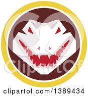 Poster, Art Print Of Retro Snapping Alligator Or Crocodile In A Yellow White And Brown Circle