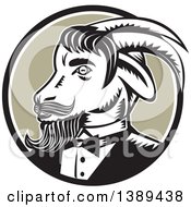 Retro Woodcut Ram Goat In A Tuxedo In A Black White And Taupe Circle