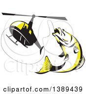 Poster, Art Print Of Retro Black White And Yellow Barramundi Asian Sea Bass Fish Jumping And Swallowing A Fishing Line Attached To A Helicopter