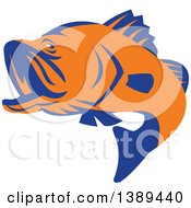 Poster, Art Print Of Retro Orange And Blue Barramundi Asian Sea Bass Fish Jumping