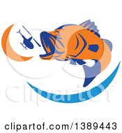 Retro Orange And Blue Barramundi Asian Sea Bass Fish Jumping And Swallowing A Helicopter