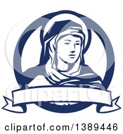 The Blessed Virgin Mary In A Blue And White Circle With A Ribbon Banner