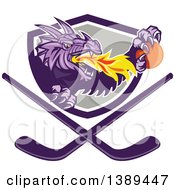 Retro Purple Fire Breathing Dragon Holding A Ball And Emerging From A Shield Over Crossed Hockey Sticks