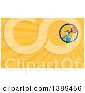 Clipart Of A Retro Cartoon White Male Plumber With A Giant Plunger Over His Shoulders And Yellow Rays Background Or Business Card Design Royalty Free Illustration