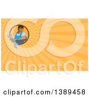 Clipart Of A Retro Wpa Styled Mechanic Holding A Wrench And Orange Rays Background Or Business Card Design Royalty Free Illustration