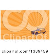 Retro Woodcut Cherry Picker Lift Truck And Orange Rays Background Or Business Card Design