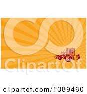 Retro Woodcut Excavator Mechanical Digger Machine And Orange Rays Background Or Business Card Design