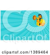 Clipart Of A Retro Wpa Styled Business Man Announcing Through A Megaphone And Blue Rays Background Or Business Card Design Royalty Free Illustration