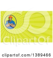Retro Wpa Styled Construction Worker Holding A Hammer In Folded Arms And Green Rays Background Or Business Card Design