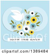 Poster, Art Print Of Flat Design Dove And Flower Save The Date Wedding Invitation On Blue