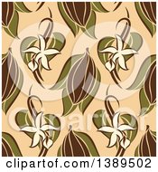 Flat Design Background Pattern Of Vanilla Flowers Pods And Cocoa On Tan