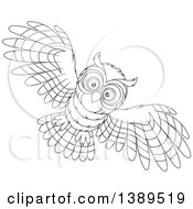 Poster, Art Print Of Cartoon Black And White Lineart Flying Owl