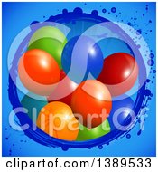 Poster, Art Print Of 3d Colorful Party Balloons Emerging From A Grungy Circle With An Airplane On Blue