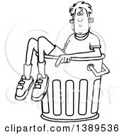 Clipart Of A Cartoon Black And White Lineart Boy In A Trash Can Royalty Free Vector Illustration