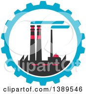 Poster, Art Print Of Flat Design Factory Complex In A Blue Gear Cog Wheel